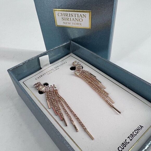 NWT Christian Siriano Waterfall Rhinestone Baguette Earrings Wedding Prom Fringe - Picture 3 of 6